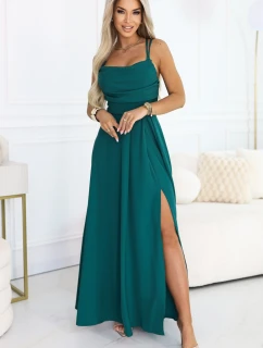 589-6 Maxi šaty bez ramienok s korzetovým zaväzovaním vzadu a rozparkom - fľaškovo zelené