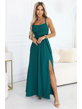 589-6 Maxi šaty bez ramienok s korzetovým zaväzovaním vzadu a rozparkom - fľaškovo zelené