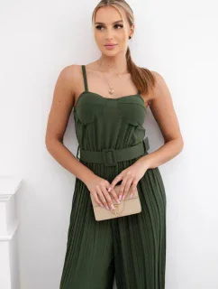 Plisovaný overal s ramienkami khaki