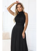 636-3 VERONICA luxusné dlhé šaty s brokátovým akcentom a elegantným strihom - čierne