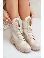 Lakierowane Ocieplane Botki Workery Z Ozdobą Beżowe Kelilea