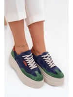 Zamszowe Sneakersy Damskie Na Platformie Zazoo N1269S3 Zielono-Granatowe