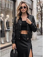 Dámska kožená bomberová bunda na prechodné obdobie, čierna, FashionStreet TY5856 Dámska kožená bomberová bunda na prechodné obdobie, čierna, FashionStreet TY5856