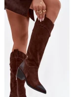 Kozaki Kowbojki Damskie Na Obcasie Z Naturalnego Zamszu Artiker 57C0230 Brązowe