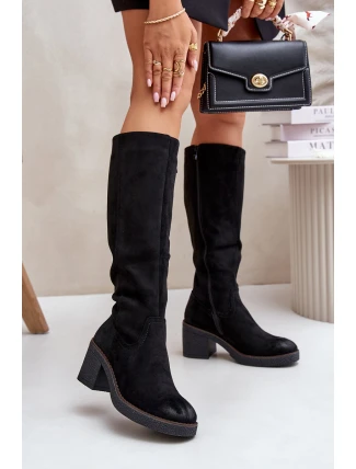 Ocieplane Kozaki Na Słupku Eko Zamszowe Przed Kolano Czarne Leamirael