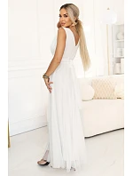 637-8 Dlhé maxi šaty s brokátovým akcentom a hlbokým výstrihom - ecru