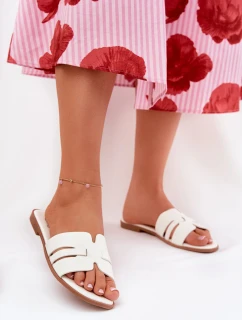 Klapki Damskie Na Płaskim Obcasie Z Wycięciami Eko Skórzane Białe Ecapus