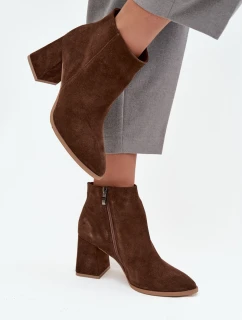 Botki Z Naturalnego Zamszu Obcas Słupek Ocieplane Brązowe Zazoo 3128