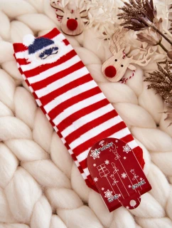 Młodzieżowe Skarpety W Paski Z Mikołajem Biało-Czerwone