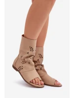 Zazoo 3437 Damskie Skórzane Sandały Z Cholewką Na Zamek Beżowe