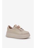 Damskie Skórzane Sneakersy Na Platformie Z Ozdobami CheBello 4292 Jasnobeżowe