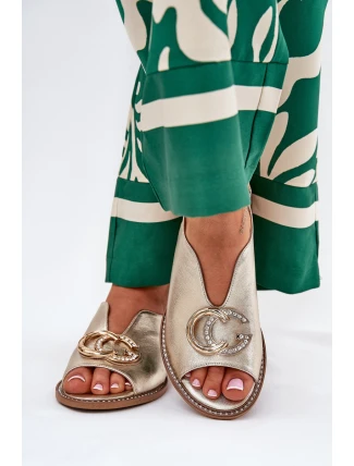 Skórzane Sandały Na Płaskim Obcasie Z Ozdobą Laura Messi 2865 Złote