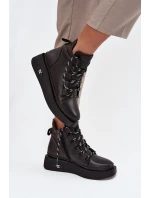 Skórzane Botki Damskie Na Platformie Ocieplane Artiker 55C0809 Czarne