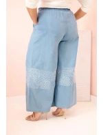 Plus veľkosť dámske široké nohavice s etnickou výšivkou svetlo denim