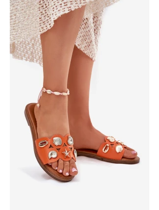 Klapki Damskie Na Płaskim Obcasie Ze Złotymi Przypinkami Pomarańczowe Nalothiel