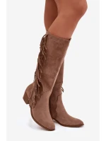 Dámské kozačky na podpatku s třásněmi zateplené khaki Firlina