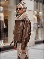 Dámska zimná bunda z ekokože s kožušinou, hnedá, FashionStreet TY5708 Dámska zimná bunda z ekokože s kožušinou, hnedá, FashionStreet TY5708