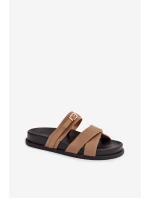 Dámské pantofle s pásky a zlatým přezkou tmavě béžové Selorina