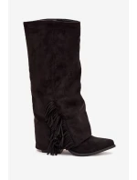 Wsuwane Kozaki Kowbojki Damskie Na Słupku Z Frędzlami Czarne Zalia