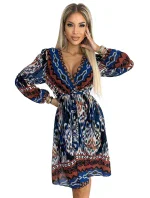 516-1 Šifónové šaty s výstrihom a dlhými rukávmi - indický vzor 516-1 Šifónové šaty s výstrihom a dlhými rukávmi - indický vzor