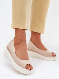 Sandały Damskie Na Koturnie Z Eko Zamszu Jasnobeżowe Velira