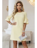 217-12 NEVA Dámske trapézové šaty so zaväzovaním na rukávoch - pastelovo žlté