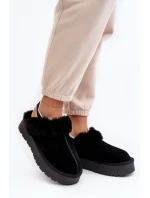 Skórzane Zamszowe Kapcie Damskie Na Platformie Z Futerkiem Czarne Sophienne