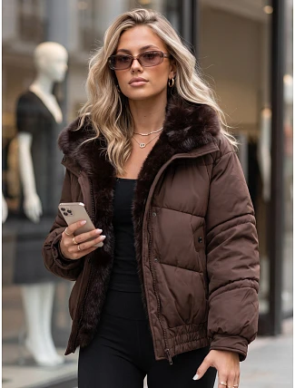 Dámska zimná prešívaná bunda s kožušinou, hnedá, FashionStreet TY6006 Dámska zimná prešívaná bunda s kožušinou, hnedá, FashionStreet TY6006