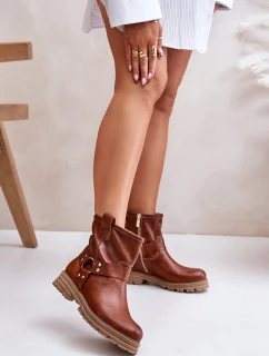 Skórzane Botki Damskie Na Płaskim Obcasie Lewski 3610 Brązowe