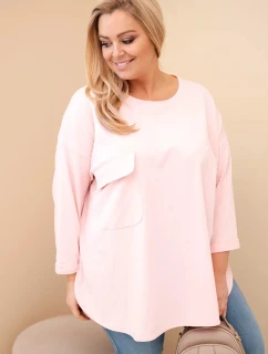 Dámska blúzka v nadmernej veľkosti s bavlnou, vreckom a zvlnenými rukávmi púdrovo ružová