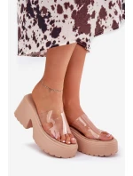 Transparentne Klapki Damskie Na Platformie I Masywnym Obcasie Beżowe Rizana