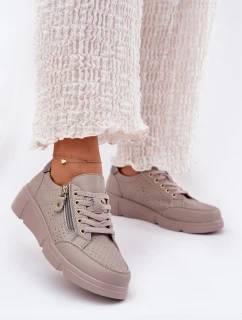 Skórzane Buty Sportowe Sneakersy Na Platformie Z Zamkiem Vinceza 88019 Ciemnobeżowe