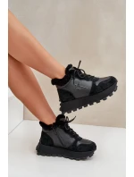 Skórzane Sneakersy Trapery Damskie Z Futerkiem Na Platformie Big Star OO274A329 Czarne