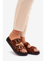 Klapki Damskie W Panterkę Na Platformie Z Klamrami Brązowe Simbes