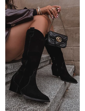 Skórzane Zamszowe Kozaki Kowbojki Damskie Ocieplane Czarne Urselle