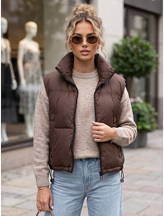 Dámska krátka prešívaná zateplená vesta, hnedá, FashionStreet TY5972