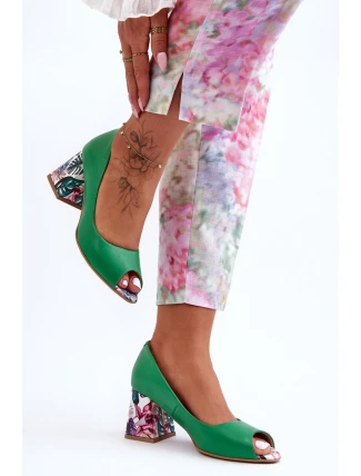 Skórzane Czółenka Z Ozdobnym Obcasem Lewski Shoes 2608/K Zielone