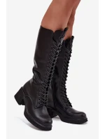 Skórzane Sznurowane Kozaki Na Klocku Ocieplane Vinceza 66804 Czarne