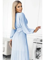 414-10 KLARA plisované šaty s opaskom a výstrihom - MODRÉ 414-10 KLARA plisované šaty s opaskom a výstrihom - MODRÉ
