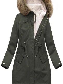 Dámska zimná bunda s fleecovou podšívkou a kapucňou army (7626BIG)