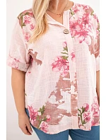 Dámske bavlnené Plus veľkosť blúzka s V-výstrihom a kvetinovým vzorom Powder Pink