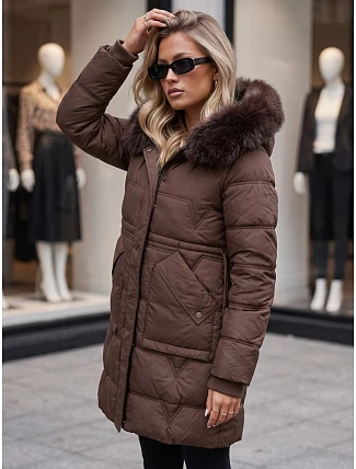 Dámska zimná prešívaná bunda s kapucňou, hnedá, FashionStreet TY5825 Dámska zimná prešívaná bunda s kapucňou, hnedá, FashionStreet TY5825