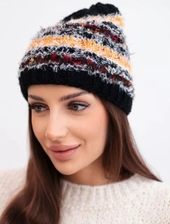 Dámska zimná čiapka s farebnou priadzou a elastickou šnúrkou K352 black+orange neon