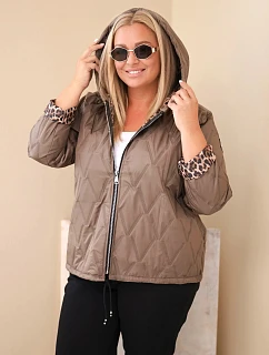 Dámska bunda Plus Size s kapucňou a lemovaním v leopardovom vzore, farba fango zelená