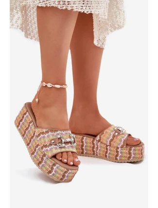 Klapki Damskie Na Koturnie Z Plecionką I Ozdobą Multikolor Isolene