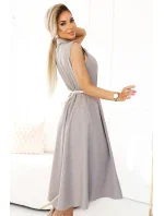 596-2 Elegantná midi košeľa so zlatými gombíkmi a opaskom - GREY BEige