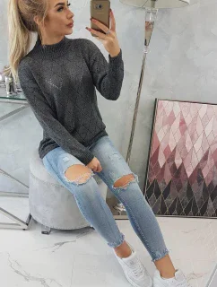 Sveter s polovičným rolákom a kosoštvorcovým vzorom grafitový