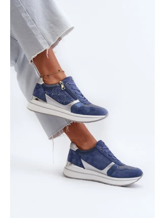 Sneakersy Damskie Na Platformie Z Ażurowym Wzorem I Brokatem INBLU IN000372 Niebieskie