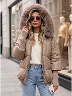 Dámska zimná prešívaná bunda s kožušinou, béžová, FashionStreet TY5994