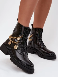 Lakierowane Botki Workery Damskie Ze Złotym Łańcuchem Ocieplane Czarne Sarinae